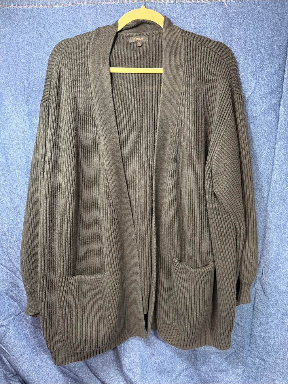Quince Black Ribbed Open Cardigan with Pockets